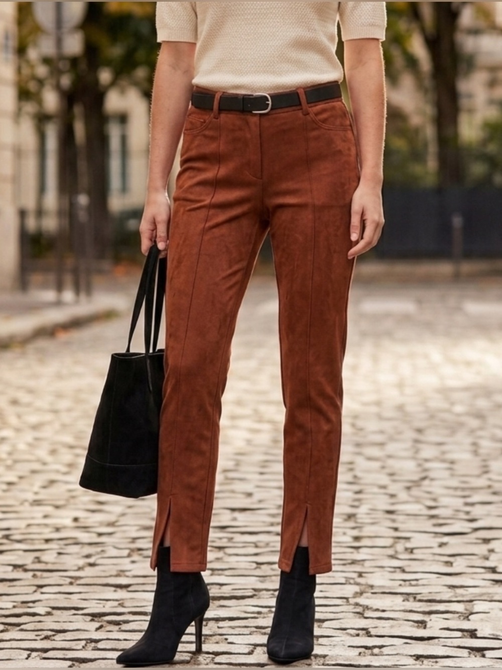 NWT ONLY Rich Cognac Tailored Front Seam Vent Faux Suede Moleskin Trousers 8